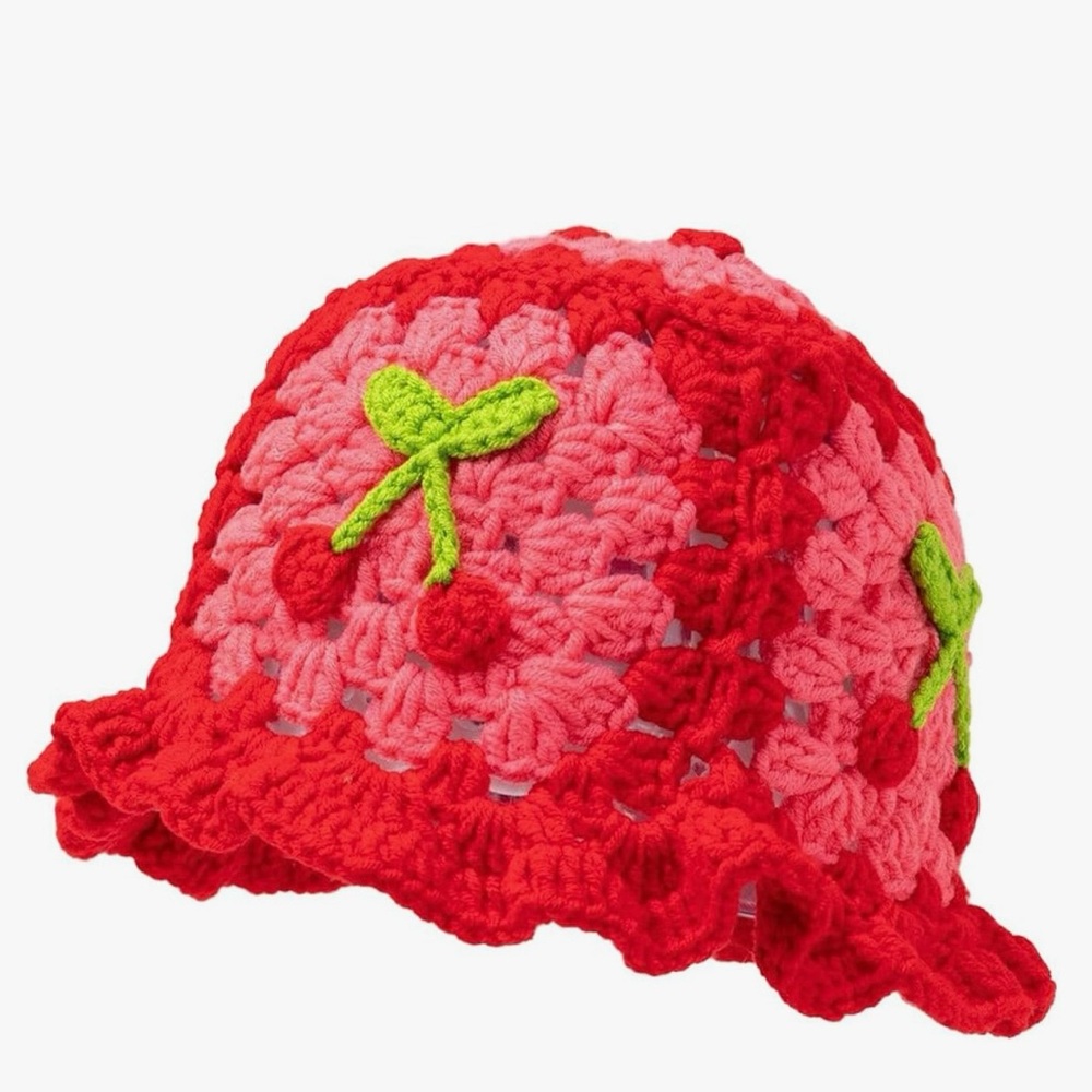 Red Crochet Cherry Bucket Hat NWOT